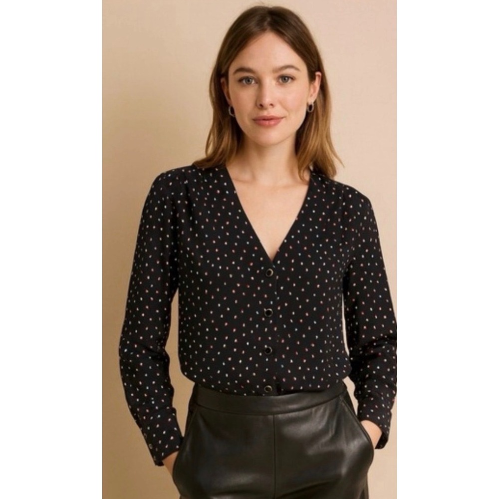 Madewell et Sezane Silk V-Neck Button Front Blouse Black Printed Small